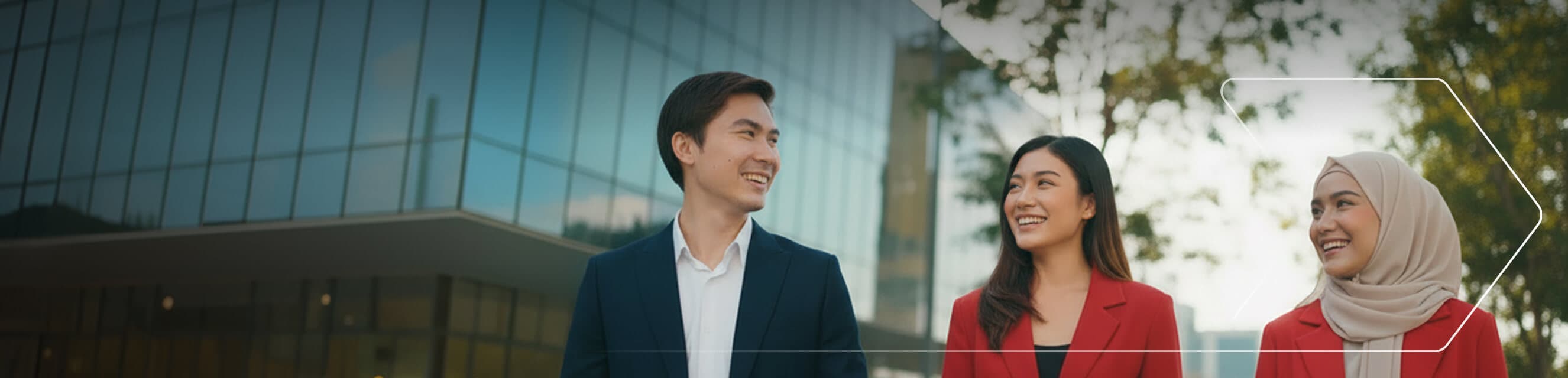 CIMB staff outside a glass-fronted CIMB office building